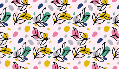 Seamless pattern with black ink floral leaves hand drawn doodle and abstract colored round shapes. Classic background, textile print ornament, fashion design vector element texture.