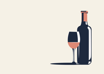 Vector illustration of a bottle of wine and a glass. There is space for text nearby