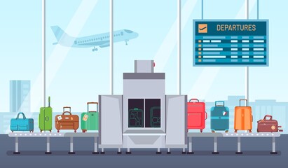 Airport baggage scanner. Conveyor belt with luggage and inspection control terminal. Security check for bags and suitcases vector concept