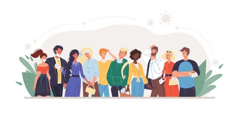 Vector cartoon flat characters wear masks-coronavirus prevention covid protection measures vs pandemic viral infection medical concept