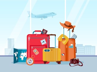 Tourist travel suitcases. Luggage and bags with map, camera and summer hat in airport. Tourism agency, adventure and vacation vector concept © Tartila
