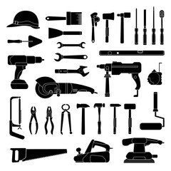 Working hand tools silhouette. Construction and home repair toolkit logo icons. Workshop hardware, drill, hammer, saw and wrench, vector set