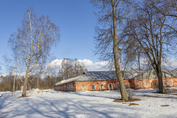 Part of the abandoned facade of the Apraksin Manor. Classicism of the late 18th century. Object of the cultural heritage of the peoples of the Russian Federation. Olgovo, Dmitrov region, Russia