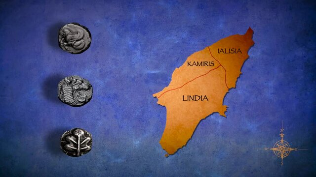 the three city-states of ancient Rhodes around 2,500 BC. and their coins 3D animation video