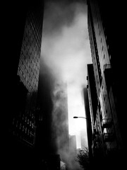 Foggy city center buildings, mysterious black and white