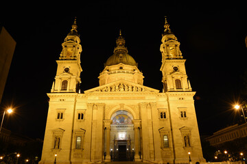 Budapest, Hungary - June 20, 2019: Saint Stephen's Basilica at night