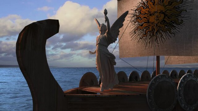 Ancient Greek trireme with the statue of the goddess Nike in the front, 3D animation video