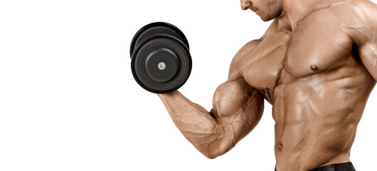 Fototapeta na wymiar A muscular male with an ideal physique does biceps exercises. Classic bodybuilding. Isolated on a white background. Copy space