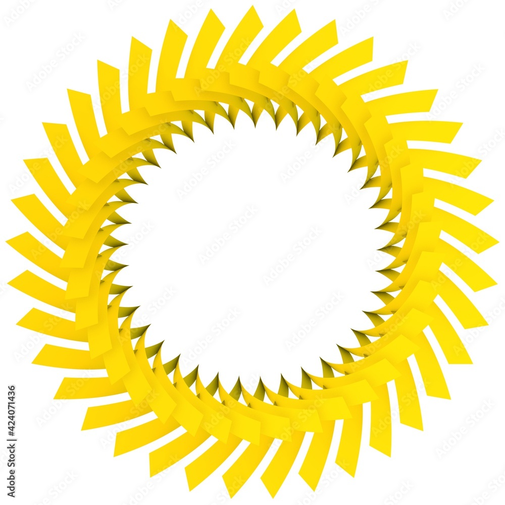 Poster yellow circular pattern in the form of the sun. striped decor. 3d rendering illustration.