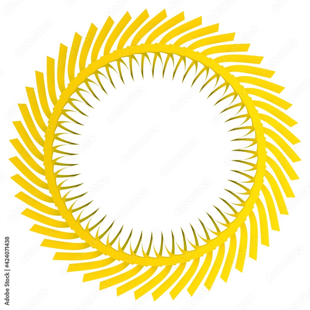 Poster yellow circular pattern in the form of the sun. striped decor. 3d rendering illustration.