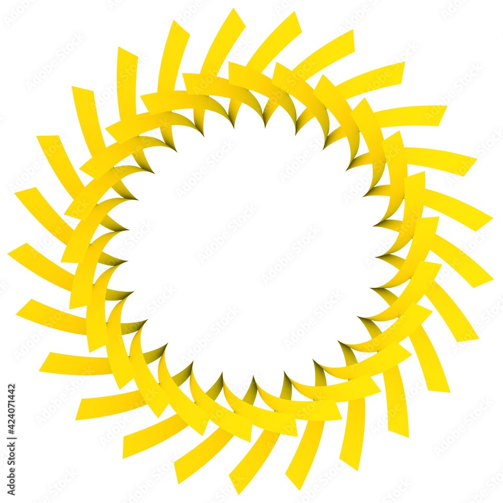 Poster yellow circular pattern in the form of the sun. striped decor. 3d rendering illustration.