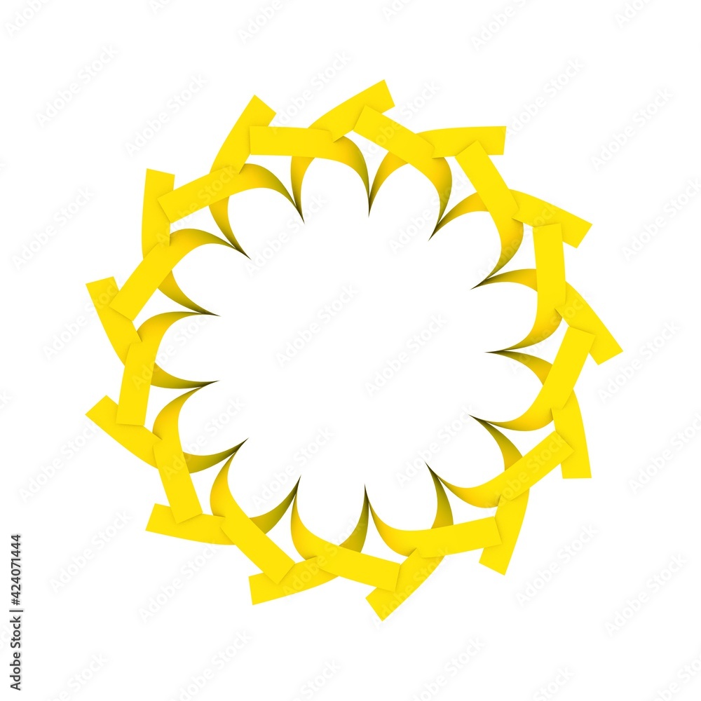 Poster yellow circular pattern in the form of the sun. striped decor. 3d rendering illustration.