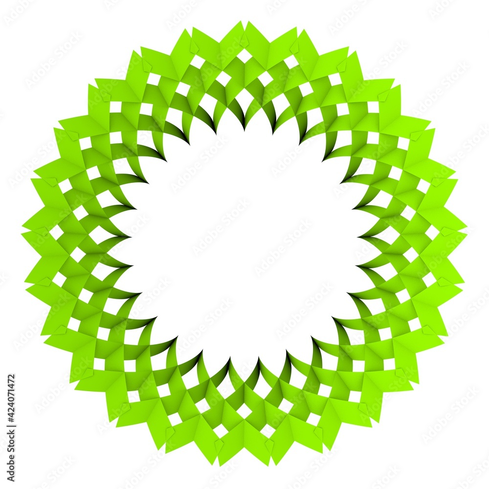 Poster green circular pattern in the form of a flower. striped decor. 3d rendering illustration.