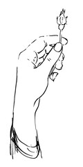 Vector sketch of a female hand holding a rosebud black line on a white background. isolated palm element with flower side view symbol of femininity for a hand drawn design template