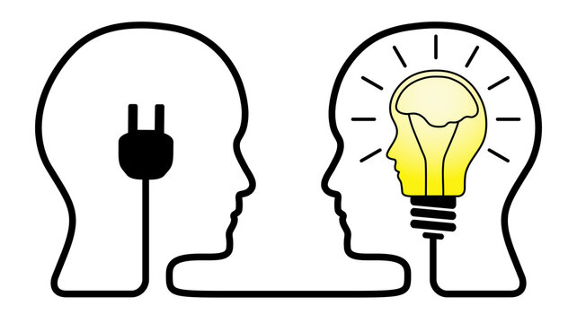 Teamwork concept illustration with two heads and yellow head shaped lightbulb. Partnership vector graphic to use in company, partnership, teamwork, brainstorm and think outside the box projects.
