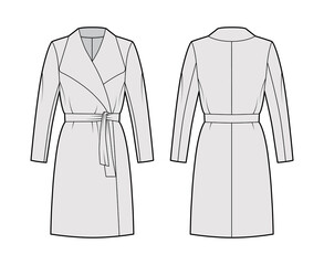 Wrap coat technical fashion illustration with tie, long sleeves, shawl lapel collar, oversized body, knee length. Flat jacket template front, back, grey color style. Women, men, unisex top CAD mockup