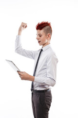 Teenager with tablet computer on white background