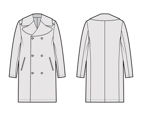 Reefer overcoat technical fashion illustration with double breasted, knee length, tailored button-up collar, epaulettes. Flat jacket template front, back, grey color style. Women, men, top CAD mockup