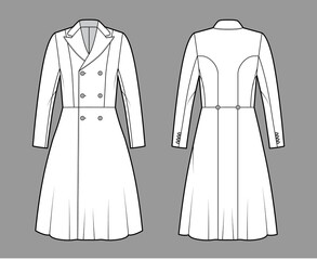 Redingote coat technical fashion illustration with double breasted, fitted, long sleeves, peak lapel collar, knee length. Flat jacket template front, back, white color style. Women, men top CAD mockup