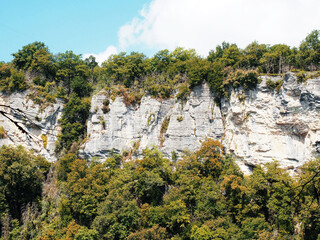 Embossed sheer cliffs surrounded by green forest on a sunny summer day