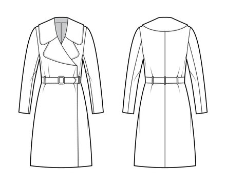Belted coat technical fashion illustration with long sleeves, huge notched collar, oversized body, knee length. Flat jacket template front, back, white color style. Women, men, unisex top CAD mockup