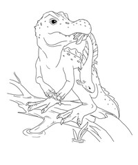 The baby dinosaur sits on a log and catches a fish. Picture for coloring.