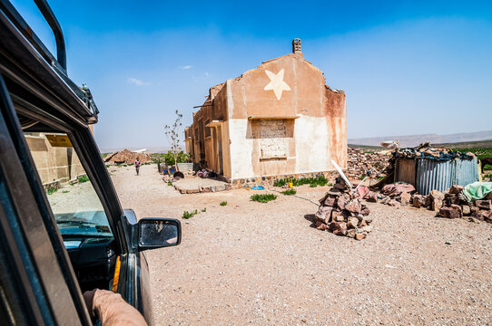 Zaida, Morocco - April 09, 2015. Ruins of old buildings in desert inhabited by berber family