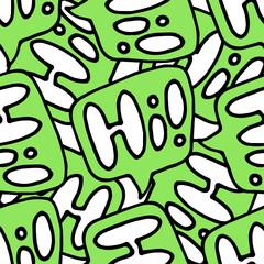 Vector seamless pattern of green speech bubble rectangular shape with hand-drawn Hi white color with black outline intersecting each other fun background for teen design template