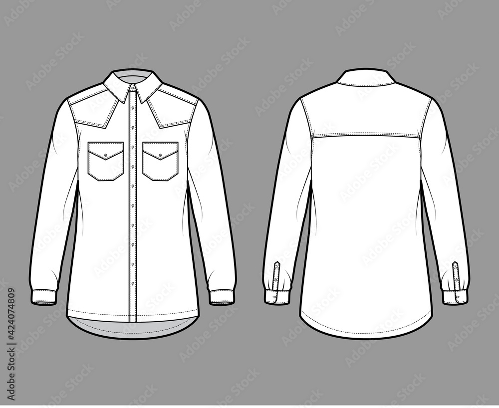Wall mural Denim shirt jacket technical fashion illustration with oversized body, flap pockets, button closure, classic collar, long sleeves. Flat apparel front, back, white color style. Women, men CAD mockup - Wall murals