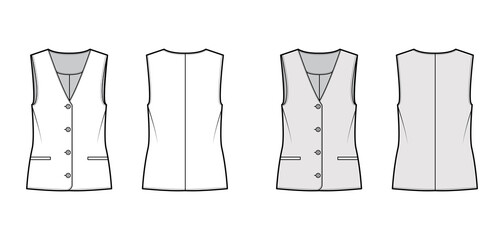 Button front vest waistcoat technical fashion illustration with sleeveless, welt besom pockets, fitted body. Flat apparel template front, back, white, grey color style. Women, men, unisex CAD mockup