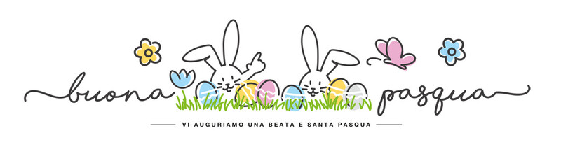Happy Easter we wish you a holy and blessed Easter on Italian language handwritten art line design of cute smiling Easter bunny and colorful eggs in grass egg hunt on white background