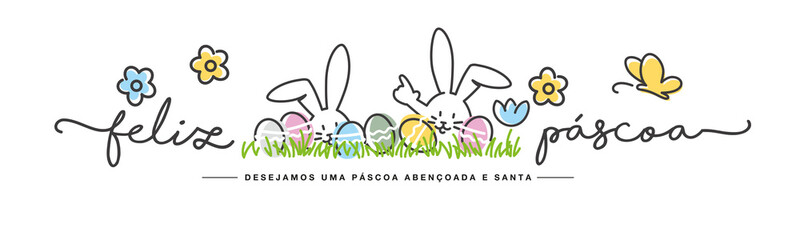 Happy Easter we wish you a holy and blessed Easter on Portuguese language handwritten art line design of cute smiling Easter bunny and colorful eggs in grass egg hunt on white background