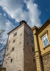 View looking up at athe ancient Lotrscak fortified tower in the city of Zagreb, Croatia