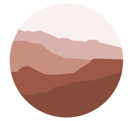 Obraz premium Mountains in a circle, Landscape view in Mid-century Modern style, Geometric abstract element for a logo, poster, icon. Illustration on white background. 