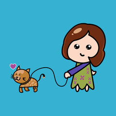 Cartoon of cute girl walking around with her beautiful cat.