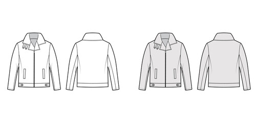 Zip-up Bomber leather jacket technical fashion illustration with tabs, oversized, thick collar, long sleeves, welt pockets. Flat coat front, back white, grey color style. Women men unisex CAD mockup © Vectoressa