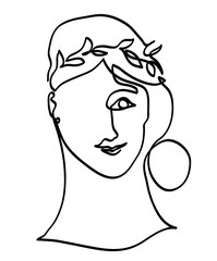 One line drawing of woman face with leaves.
One continuous line drawing of Head in a laurel wreath