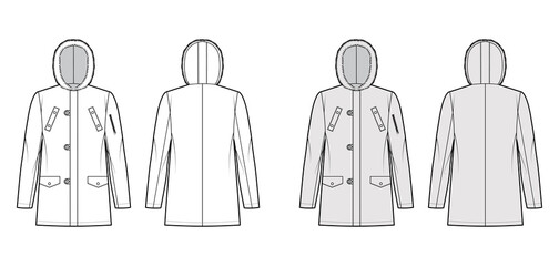 N-3B flight parka technical fashion illustration with oversized, fur hood, long sleeves, flap pockets, button loop opening. Flat coat template front, back white grey color style. Women men CAD mockup © Vectoressa