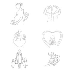 Happy Mother day card. Continuous one line drawing. Woman hold her baby. Pregnant Woman. Set