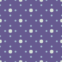 Fototapeta na wymiar Vector seamless pattern with small stars, diamond shapes, tiny floral silhouettes, dots. Abstract minimal geometric texture. Purple, light blue and light green color. Simple minimal background design
