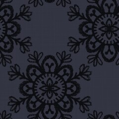 Seamless almost black tribal ethnic rug motif pattern. High quality illustration. Hand drawn symmetric native style design in dark gray and black with texture. Old artisan textile seamless pattern.