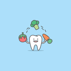 A tooth cartoon character juggling with tomato, broccoli, carrot, Meaning is the tooth be healthy by eating vegetables, illustration vector, Dental care concept.