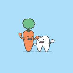 A tooth cartoon character be friendly with carrot, Meaning is the tooth be healthy by eating vegetables, illustration vector, Dental care concept.