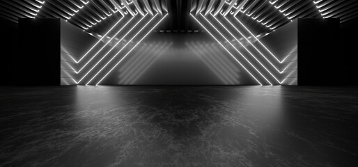 A dark corridor lit by white neon lights. Reflections on the floor and walls. 3d rendering image.