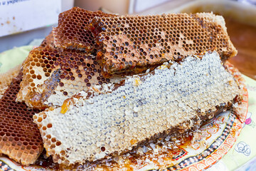 Magic honeycomb close-up, collecting honey. Organic honeycomb
