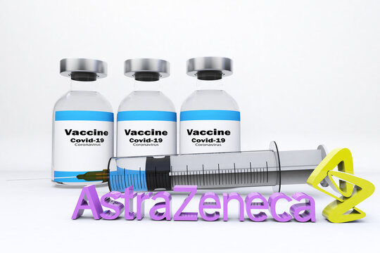 Vaccines with a syringe and a container bottle in the treatment of coronavirus disease 2019 COVID-19 covid19 covid ASTRAZENECA 3D RENDER.