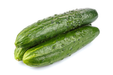 Three ripe green cucumber in stack isolated on white background