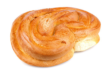 Sweet bun in heart shape sprinkled with sugar on top isolated on white background