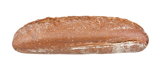Long loaf of homemade rye bread isolated on white background