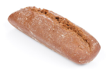 Long loaf of homemade rye bread isolated on white background